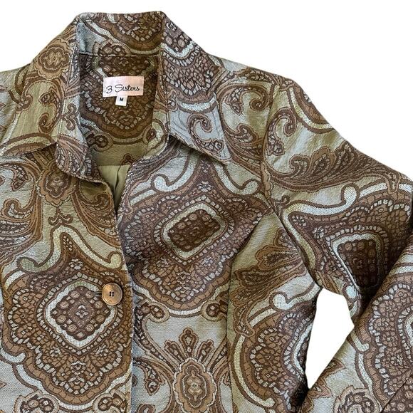 Women’s 3 Sisters Cream Green Paisley Button Pea Coat Size Medium - Picture 3 of 5